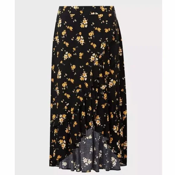 Torrid SZ16 Black Ditsy Floral Challis Hi Low Maxi Skirt Feminine Romantic Fairy - Picture 3 of 9